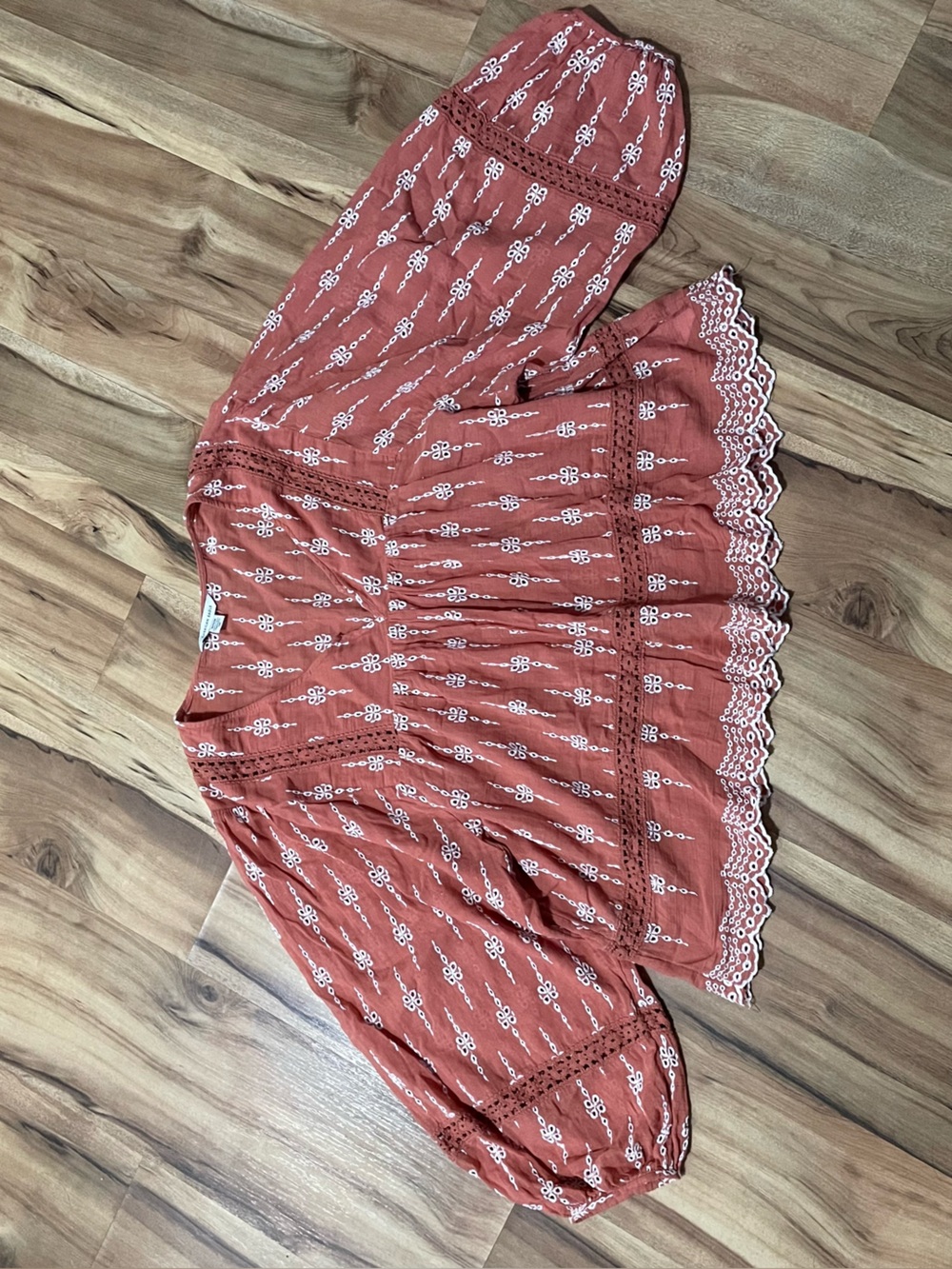 American Eagle Embroidered Boho Peasant Blouse Rust Orange Sz Med